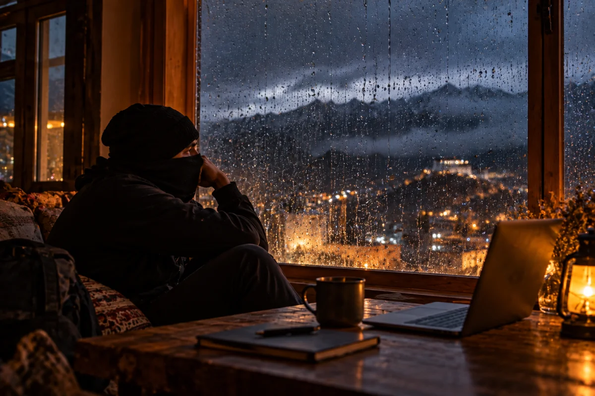 Someone alone with a thought, window, rain, late light